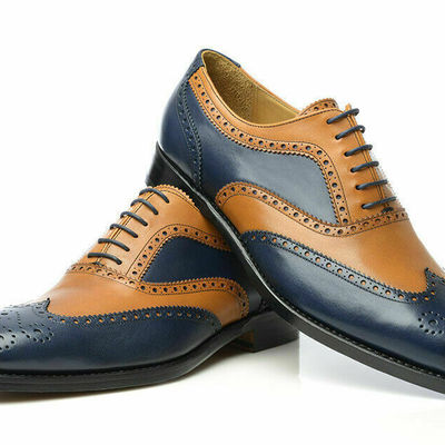 Two tone tan blue contrast oxford brogue toe wing tip real leather lace up shoes