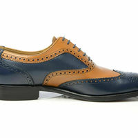 Two Tone Tan Blue Contrast Oxford Brogue Toe Wing Tip Real Leather Lace up Shoes - Thumbnail 1