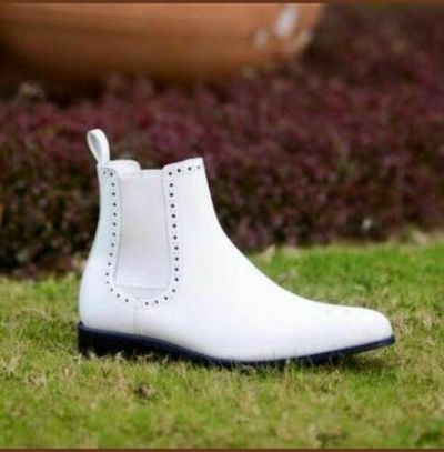 White Chelsea Jumper Slip Ons Made To Order Genuine Leather High Ankle Men Boots
