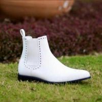 White Chelsea Jumper Slip Ons Made To Order Genuine Leather High Ankle Men Boots - Thumbnail 4