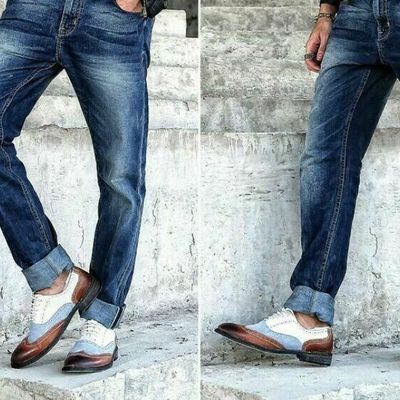 Three tone white blue brown cont burnished toe suede real leather wing tip shoes