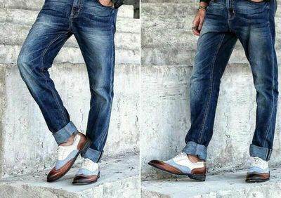 Three Tone White Blue Brown Cont Burnished Toe Suede Real Leather Wing Tip Shoes