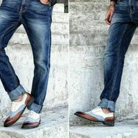 Three Tone White Blue Brown Cont Burnished Toe Suede Real Leather Wing Tip Shoes - Thumbnail 1