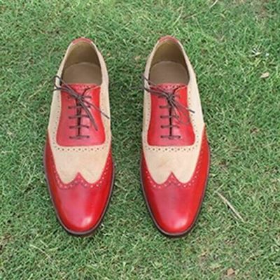 Tone beige red cont burnished toe suede real leather wing tip shoes