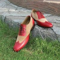 Tone Beige Red Cont Burnished Toe Suede Real Leather Wing Tip Shoes - Thumbnail 1