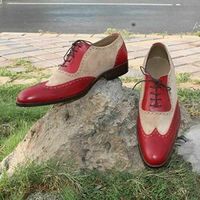 Tone Beige Red Cont Burnished Toe Suede Real Leather Wing Tip Shoes - Thumbnail 2