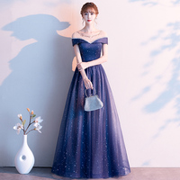 Dark blue tulle sequins long prom dress - Thumbnail 4