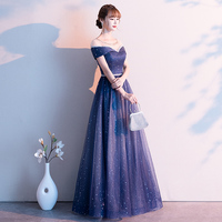 Dark blue tulle sequins long prom dress - Thumbnail 1