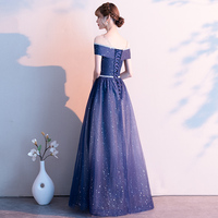 Dark blue tulle sequins long prom dress - Thumbnail 3