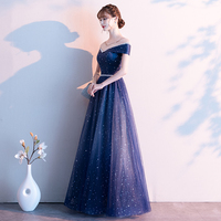 Dark blue tulle sequins long prom dress - Thumbnail 2