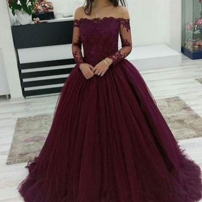 Ball gown long sleeves wine red tulle prom dresses with appliques lace - Thumbnail 5