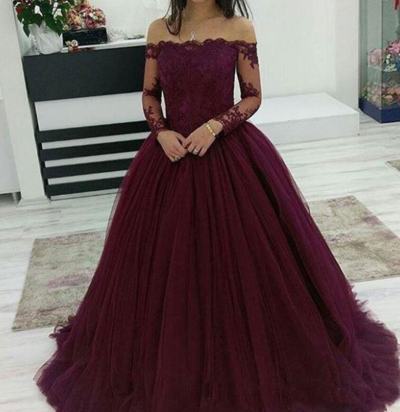 Ball Gown Long Sleeves Wine Red Tulle Prom Dresses with Appliques Lace