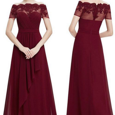 Burgundy a line chiffon long bridesmaid dress with lace appliques - Thumbnail 2