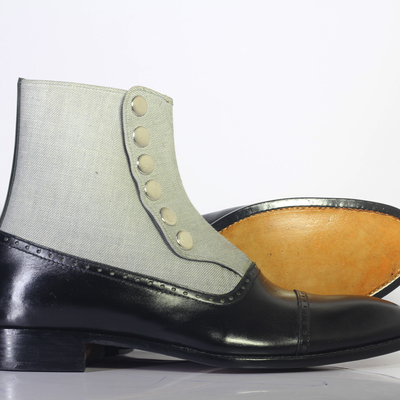 Handmade men's ankle high cap toe white black button top leather denim boots - Thumbnail 2