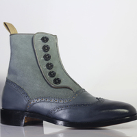 Handmade Men's Ankle High Gray Wing Tip Button Top Leather Suede Boots - Thumbnail 2