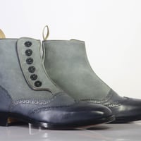 Handmade Men's Ankle High Gray Wing Tip Button Top Leather Suede Boots - Thumbnail 1