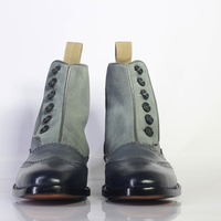 Handmade Men's Ankle High Gray Wing Tip Button Top Leather Suede Boots - Thumbnail 3