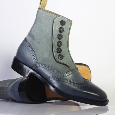 Handmade men's ankle high gray wing tip button top leather suede boots - Thumbnail 3