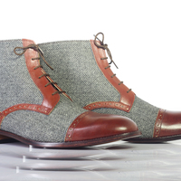 Handmade Men's Ankle High 2 Tone Cap Toe Lace Up Leather & Tweed Boots - Thumbnail 2