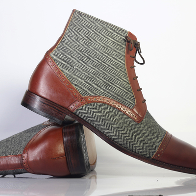 Handmade men's ankle high 2 tone cap toe lace up leather & tweed boots - Thumbnail 3