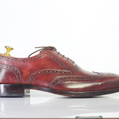 Handmade burgundy wing tip lace up leather shoes for men's - Thumbnail 2