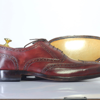 Handmade Burgundy Wing Tip Lace Up Leather Shoes For Men's - Thumbnail 3