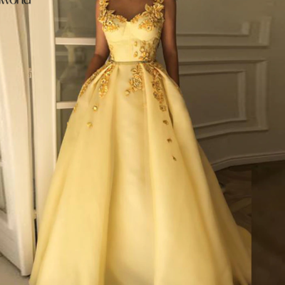 Yellow sweet heart flower embroideru prom dress - Thumbnail 5
