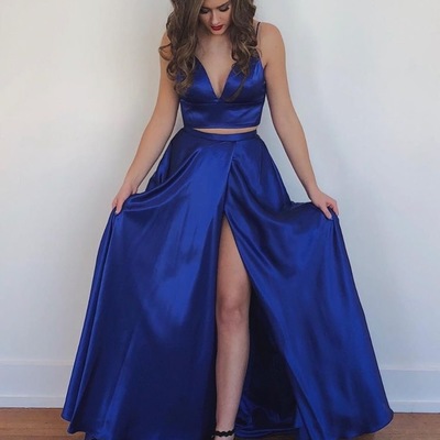 Two piece royal blue prom dresses with slit side under 100 - Thumbnail 4
