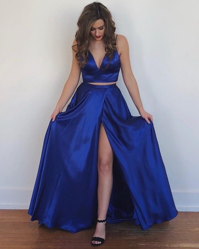 Two Piece Royal Blue Prom Dresses with Slit Side Under 100