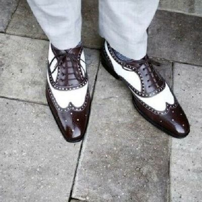 Men's handmade brown and white leather brogue shoes, brogue shoes for men,