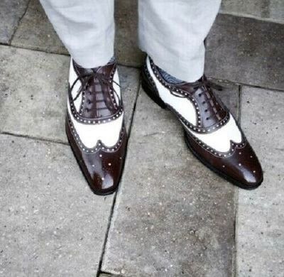 Men's handmade brown and white leather brogue shoes, Brogue shoes for men,