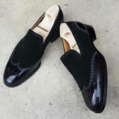Men's New Handmade Black Shoes, Men's Leather Suede Wingtip Dress Fashion Shoes