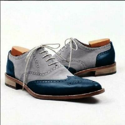 Gray Blue Tan Sole Brogues Toe Premium Leather Lace Up Men Oxford Shoes