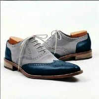 Gray Blue Tan Sole Brogues Toe Premium Leather Lace Up Men Oxford Shoes - Thumbnail 1