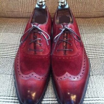 Handmade men wingtip burgundy color shoes, men suede and leather dress shoes