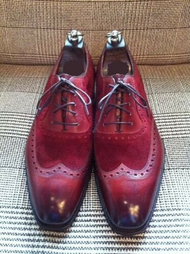 Handmade Men wingtip burgundy color shoes, Men suede and leather dress shoes