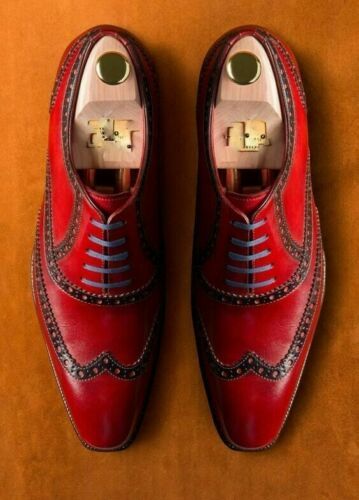 Handmade Mens Burgundy Color Leather Lace up Stylish Wing Tip Formal Shoes