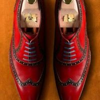 Handmade Mens Burgundy Color Leather Lace up Stylish Wing Tip Formal Shoes - Thumbnail 4