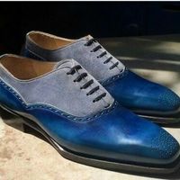 Handmade Mens Blue Gray Suede Leather Lace Up Stylish Derby Brogue Dress Shoes - Thumbnail 1
