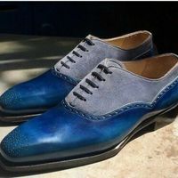 Handmade Mens Blue Gray Suede Leather Lace Up Stylish Derby Brogue Dress Shoes - Thumbnail 4