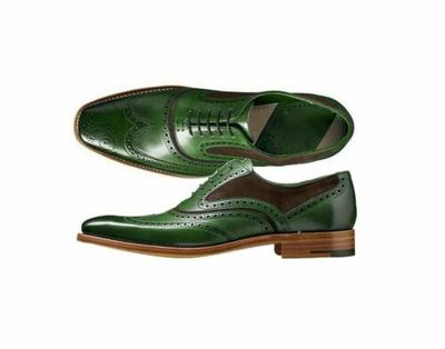 Handmade Leather Green Black Wing Tip Brogue Lace Up Stylish Dress Shoes
