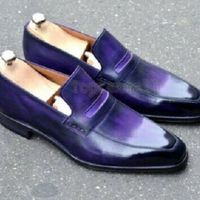 Handmade Men's Leather Loafers & Slip Ons Purple Stylish Classic Formal Shoes - Thumbnail 1