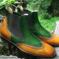 New Handmade Men Chelsea Wing Tip Brogue Green & Tan Leather Boots - Thumbnail 4