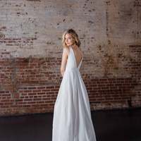 Simple A-Line Deep V Neck Open Back White Satin Wedding Dresses,2019 Wedding Gown - Thumbnail 1