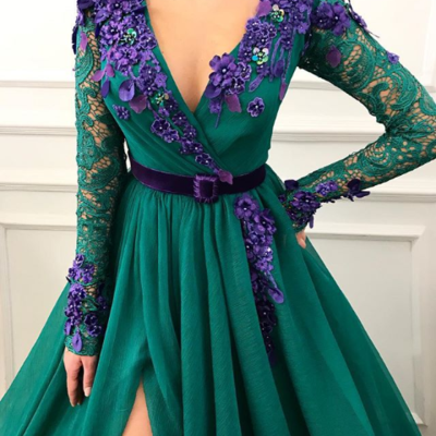 Flowers lace sleeve deep green dress - Thumbnail 5