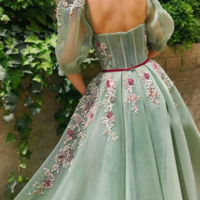 Elegant Mint green Puff Sleeve Evening Dress with Slit - Thumbnail 1