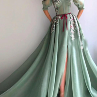 Elegant Mint green Puff Sleeve Evening Dress with Slit - Thumbnail 2