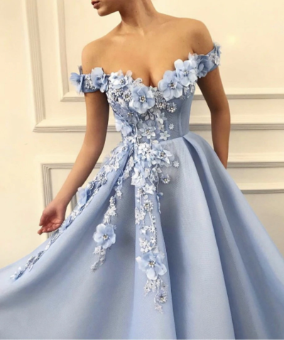 Off Shoulder Elegant Blue Evening Dress