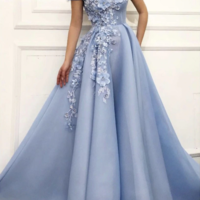 Off Shoulder Elegant Blue Evening Dress - Thumbnail 1