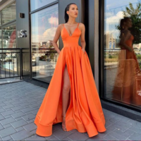Satin Deep V Neck Long Dress - Thumbnail 1